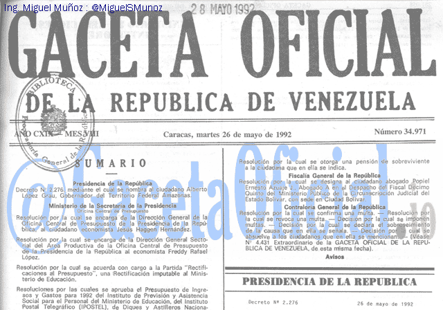Gaceta Oficial 34971 del 26 Mayo 1992