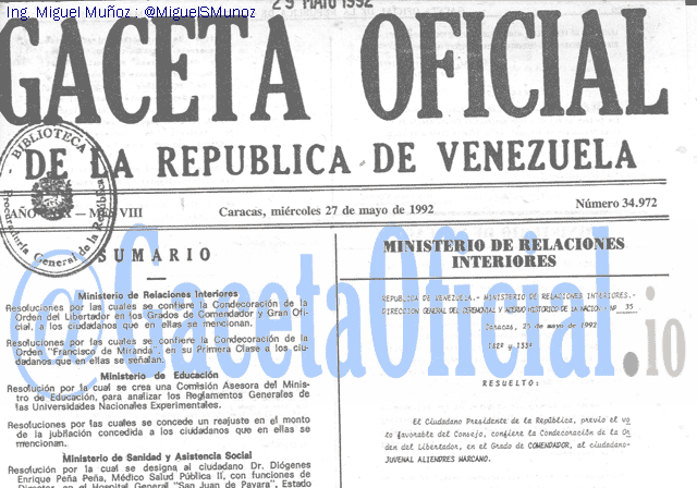 Gaceta Oficial 34972 del 27 Mayo 1992