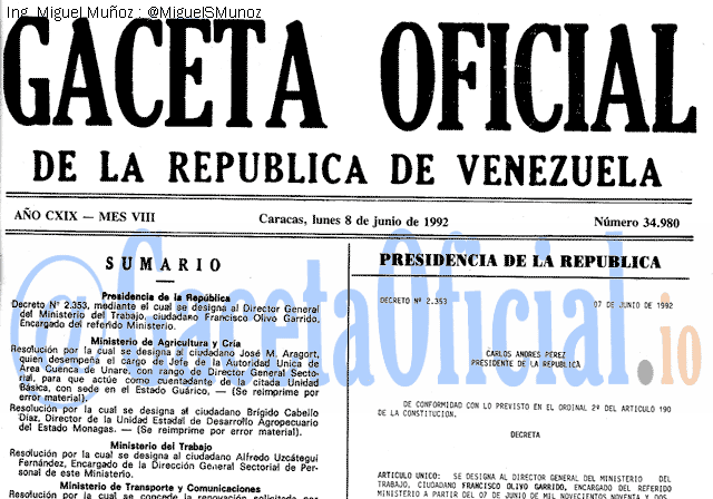 Gaceta Oficial 34980 del 8 Junio 1992