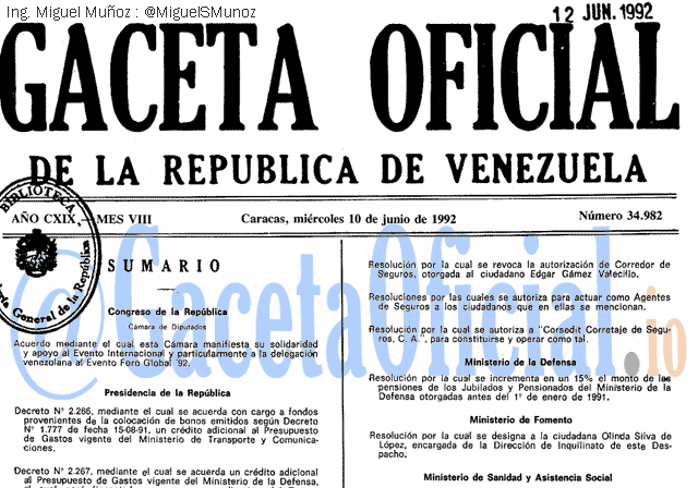 Gaceta Oficial 34982 del 10 Junio 1992