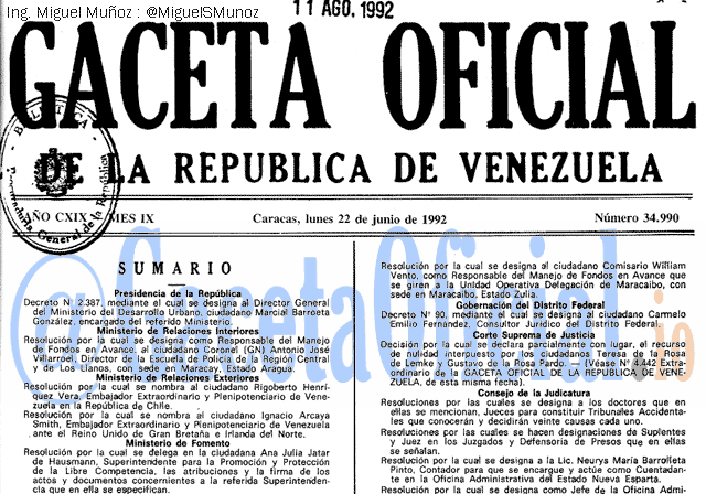 Gaceta Oficial 34990 del 22 Junio 1992
