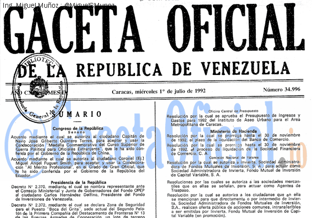 Gaceta Oficial 34996 del 1 Julio 1992