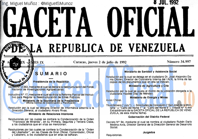Gaceta Oficial 34997 del 2 Julio 1992