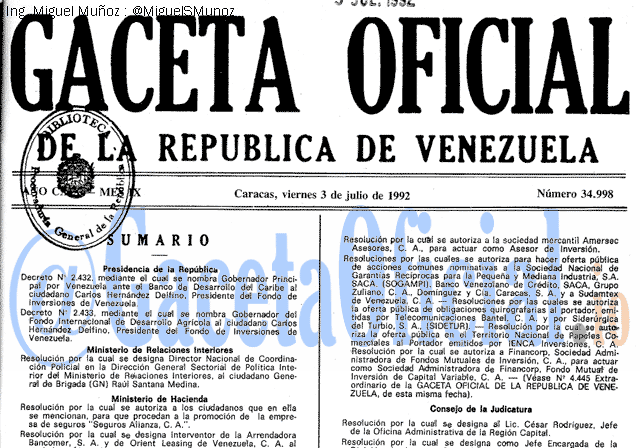 Gaceta Oficial 34998 del 3 Julio 1992