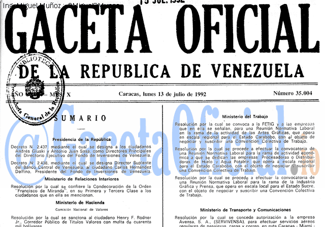 Gaceta Oficial 35004 del 13 Julio 1992