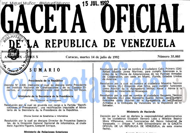 Gaceta Oficial 35005 del 14 Julio 1992