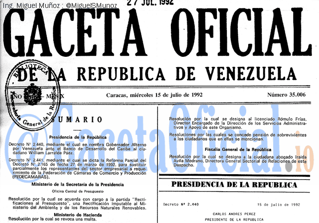 Gaceta Oficial 35006 del 15 Julio 1992