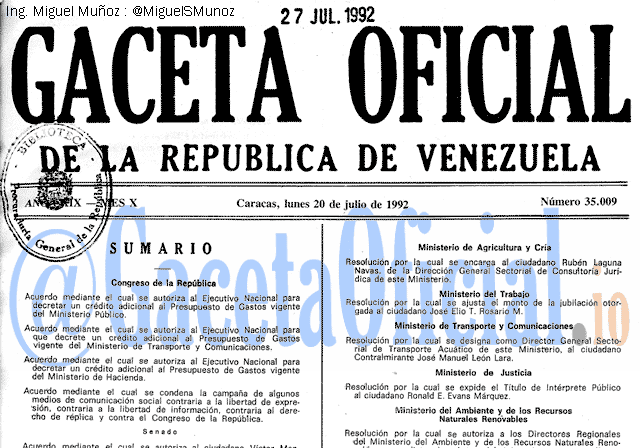 Gaceta Oficial 35009 del 20 Julio 1992