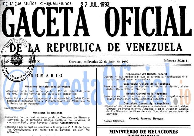 Gaceta Oficial 35011 del 22 Julio 1992
