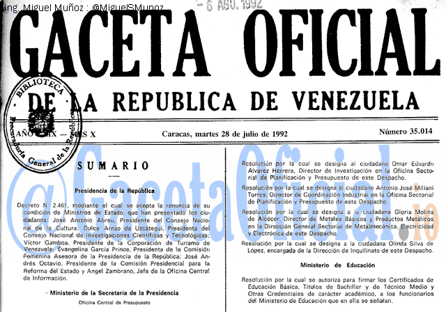 Gaceta Oficial 35014 del 28 Julio 1992