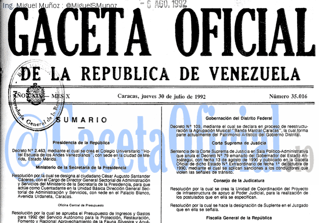 Gaceta Oficial 35016 del 30 Julio 1992