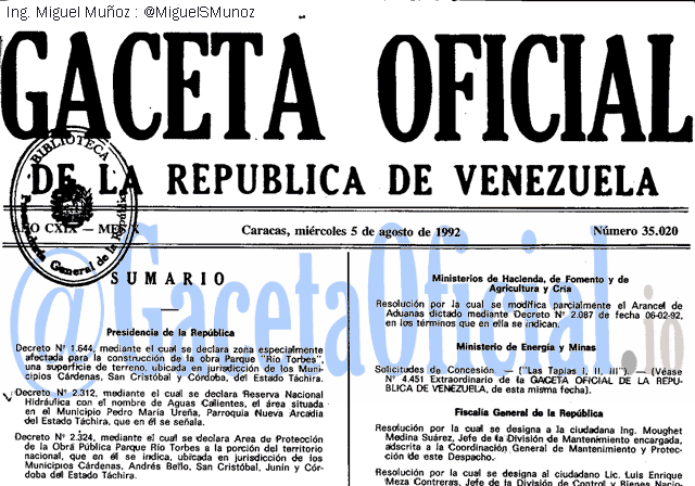 Gaceta Oficial 35020 del 5 Agosto 1992