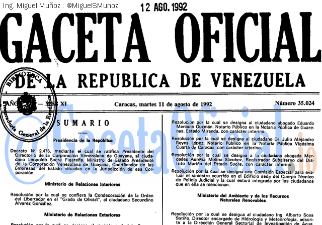 Gaceta Oficial 35024 del 11 Agosto 1992