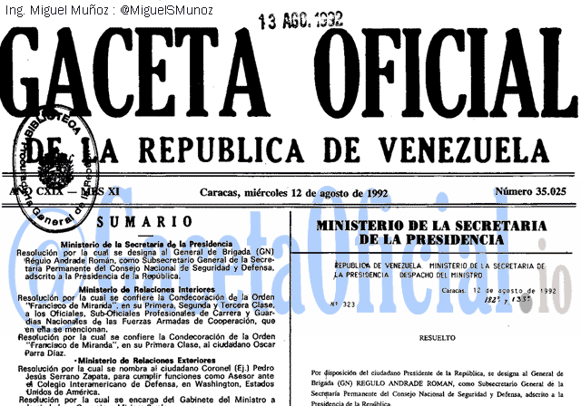 Gaceta Oficial 35025 del 12 Agosto 1992