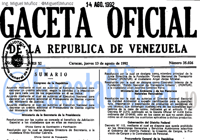 Gaceta Oficial 35026 del 13 Agosto 1992