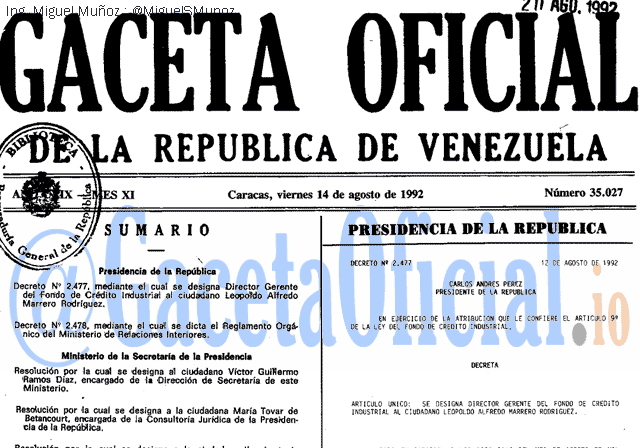 Gaceta Oficial 35027 del 14 Agosto 1992