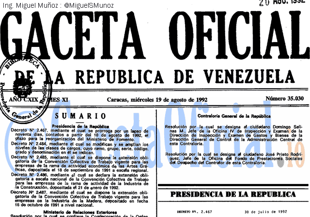 Gaceta Oficial 35030 del 19 Agosto 1992