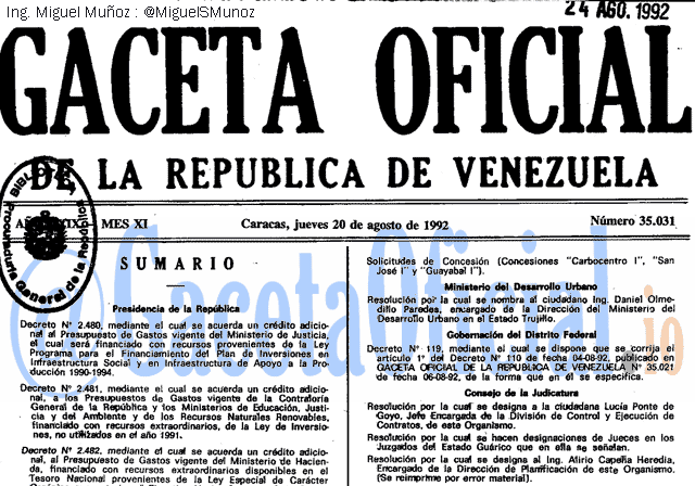 Gaceta Oficial 35031 del 20 Agosto 1992