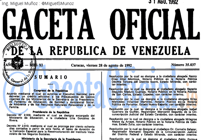 Gaceta Oficial 35037 del 28 Agosto 1992