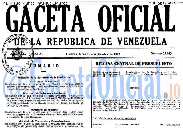 Gaceta Oficial 35043 del 7 Septiembre 1992