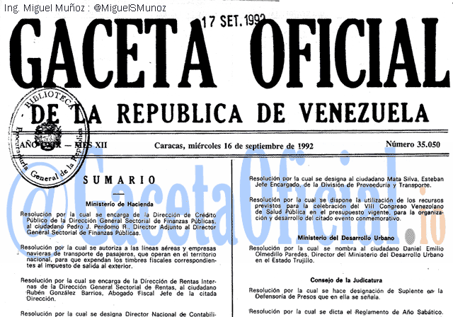 Gaceta Oficial 35050 del 16 Septiembre 1992