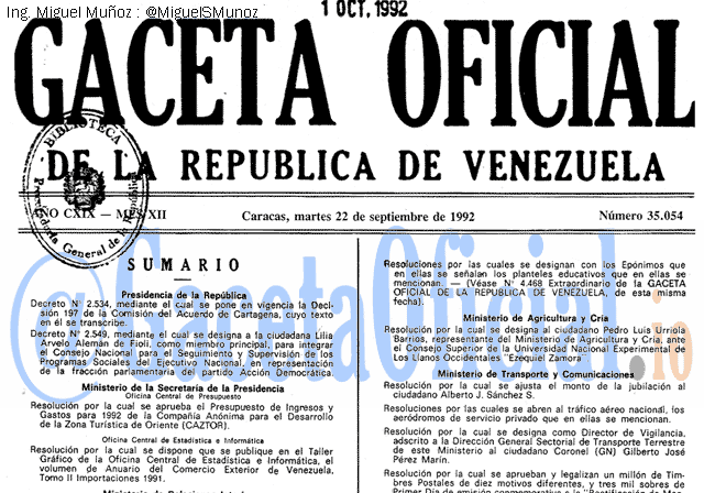 Gaceta Oficial 35054 del 22 Septiembre 1992