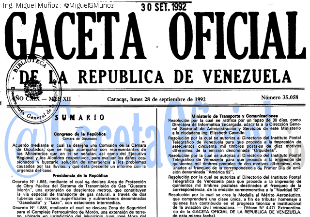 Gaceta Oficial 35058 del 28 Septiembre 1992