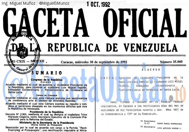 Gaceta Oficial 35060 del 30 Septiembre 1992