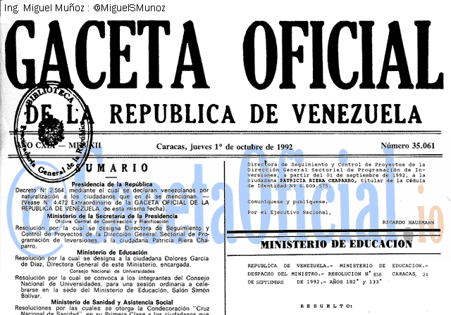 Gaceta Oficial 35061 del 1 Octubre 1992