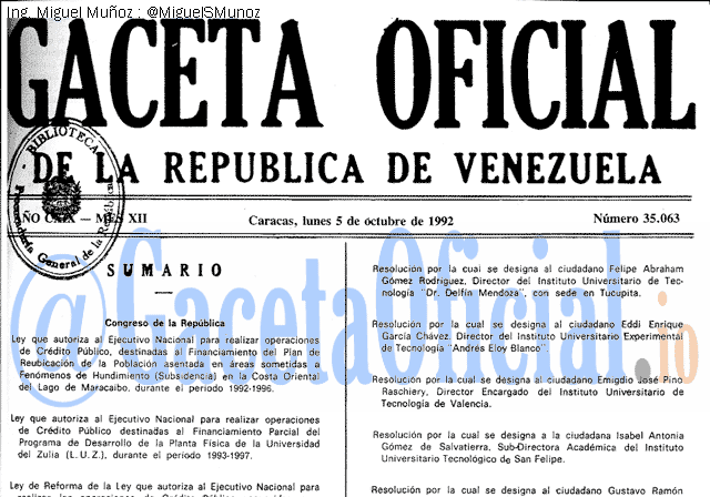 Gaceta Oficial 35063 del 5 Octubre 1992