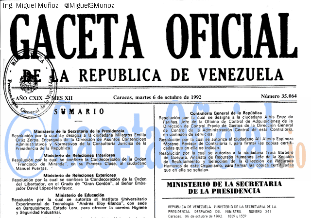 Gaceta Oficial 35064 del 6 Octubre 1992
