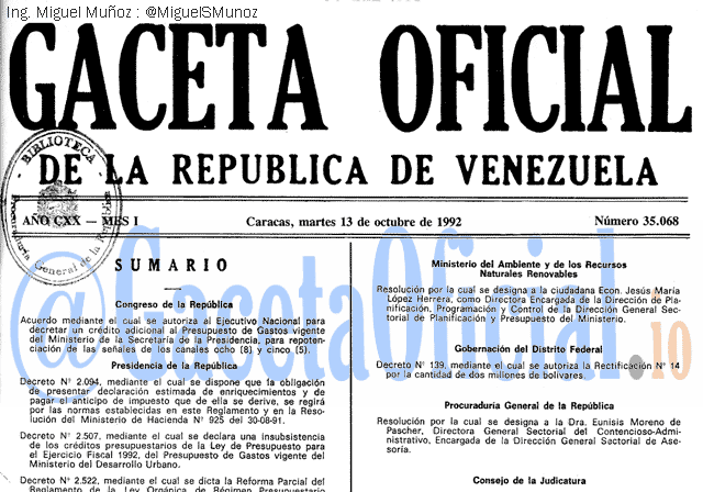 Gaceta Oficial 35068 del 13 Octubre 1992
