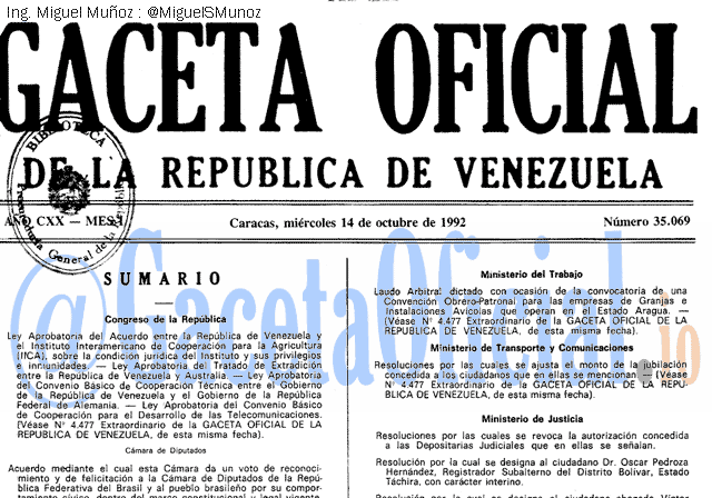 Gaceta Oficial 35069 del 14 Octubre 1992