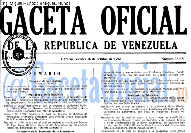 Gaceta Oficial 35071 del 16 Octubre 1992