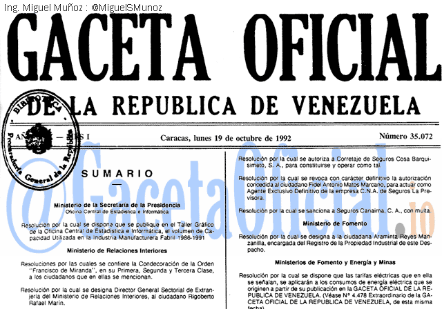 Gaceta Oficial 35072 del 19 Octubre 1992