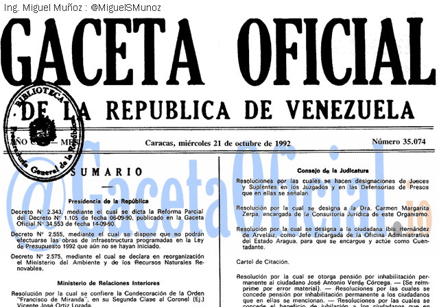 Gaceta Oficial 35074 del 21 Octubre 1992