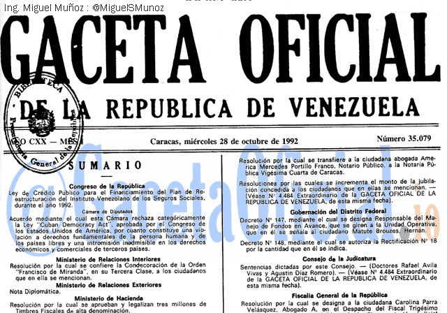 Gaceta Oficial 35079 del 28 Octubre 1992
