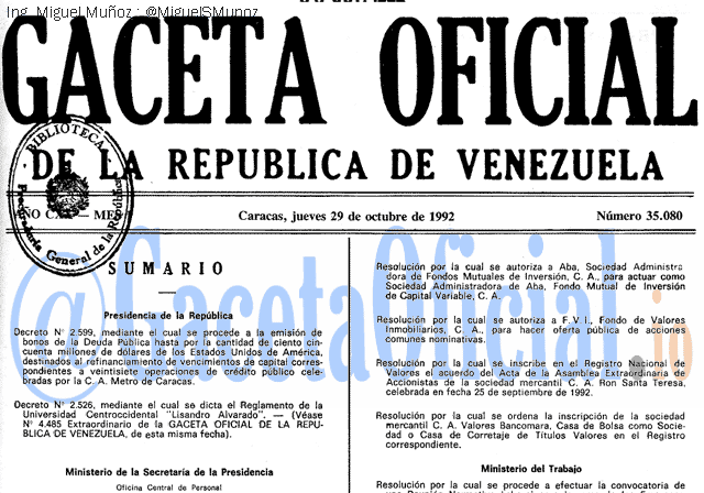 Gaceta Oficial 35080 del 29 Octubre 1992