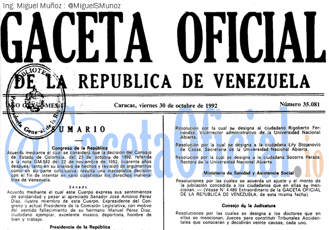 Gaceta Oficial 35081 del 30 Octubre 1992
