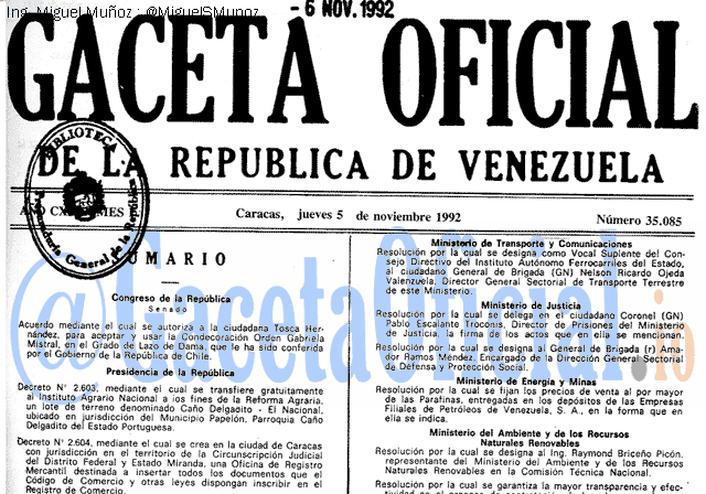 Gaceta Oficial 35085 del 5 Noviembre 1992