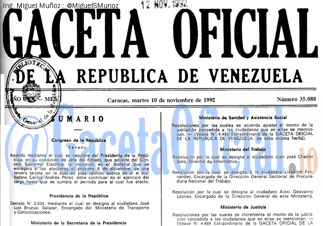Gaceta Oficial 35088 del 10 Noviembre 1992