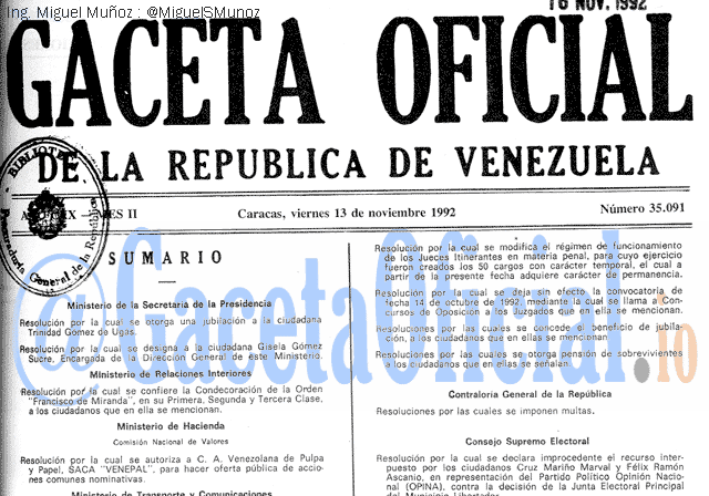 Gaceta Oficial 35091 del 13 Noviembre 1992