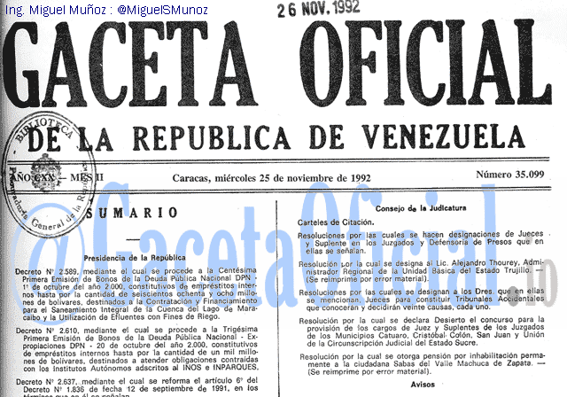 Gaceta Oficial 35099 del 25 Noviembre 1992