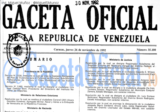 Gaceta Oficial 35100 del 26 Noviembre 1992