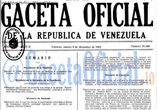 Gaceta Oficial 35108 del 8 Diciembre 1992