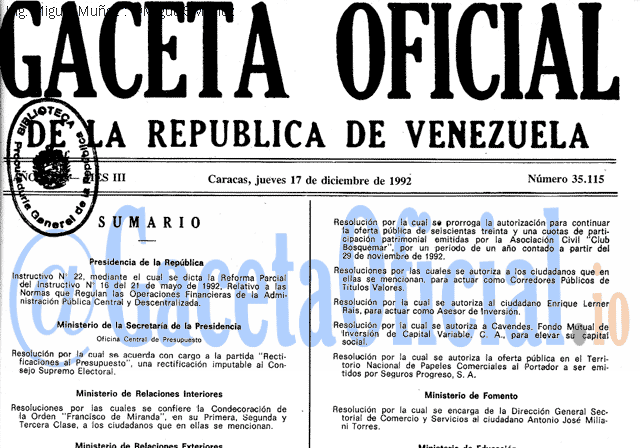 Gaceta Oficial 35115 del 17 Diciembre 1992