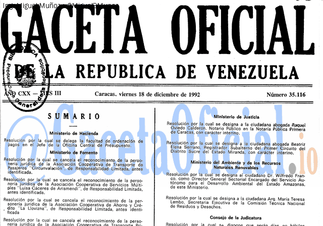 Gaceta Oficial 35116 del 18 Diciembre 1992