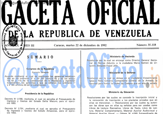 Gaceta Oficial 35118 del 22 Diciembre 1992