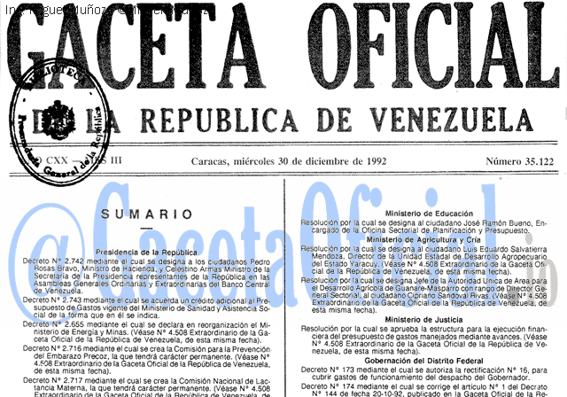 Gaceta Oficial 35122 del 30 Diciembre 1992
