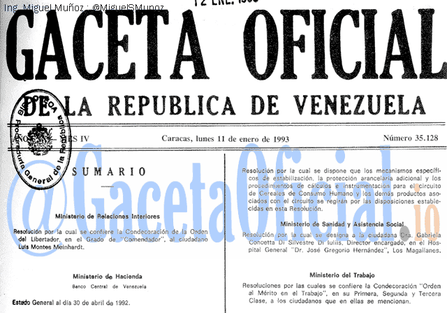 Gaceta Oficial 35128 del 11 Enero 1993